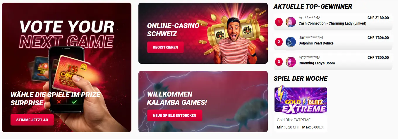 Willkommen im Online Casino Schweiz – Startseite mit schnellem Zugang zu Spielen